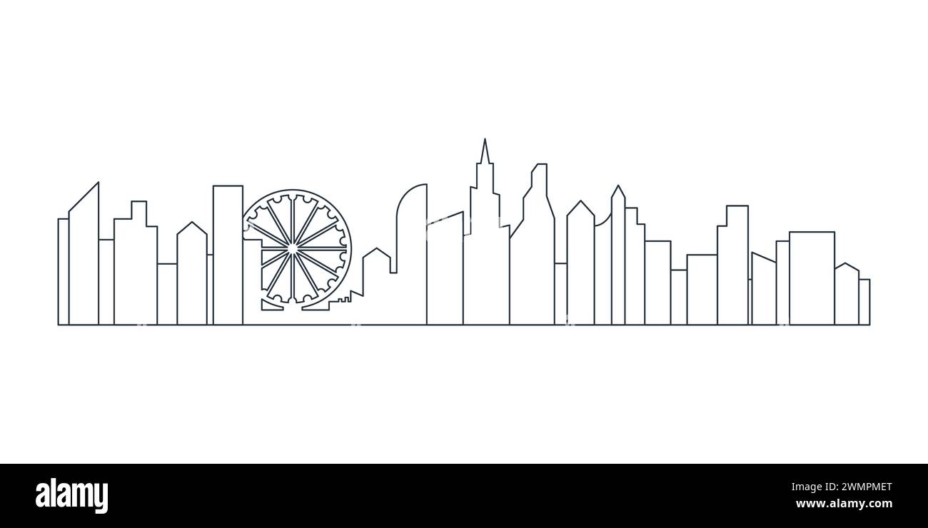 Skyline der Stadt der Zukunft, Linie schwarzes Riesenrad und moderne Gebäude mit verschiedenen Formen Vektorillustration Stock Vektor