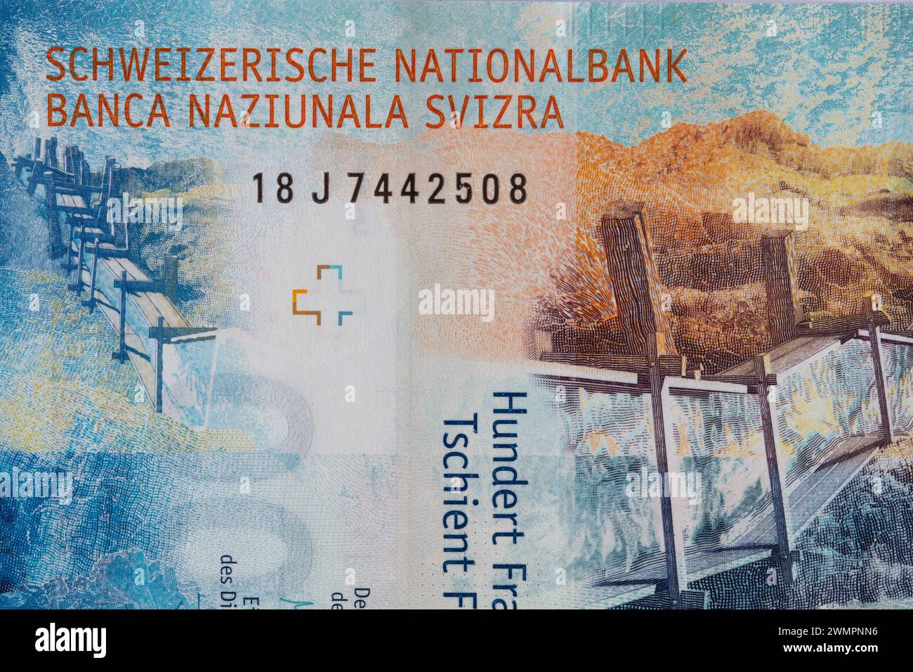 Nahaufnahme einer 100-Franken-Banknote zu Designzwecken Stockfoto