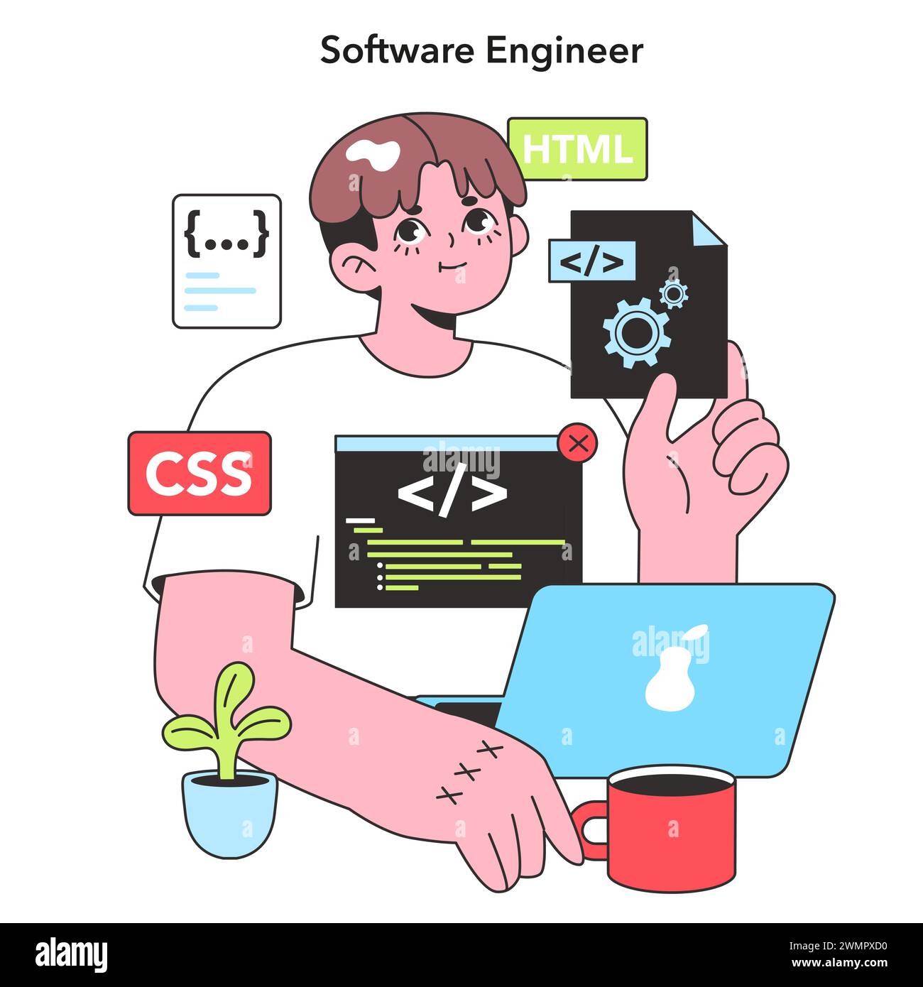 Ein erfahrener Software Engineer zeigt Werkzeuge des Handels mit Vertrauen, umgeben von Symbolen aus HTML und CSS, die das moderne Handwerk der Web-Entwicklung repräsentieren. Stock Vektor