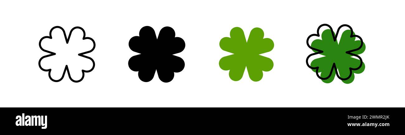 Set mit vier Blättern Kleeblatt-Symbol. St Patrick's Day Vektor-Illustration auf weißem isoliertem Hintergrund. Blütenform. Linie, Glyphe, grüne Farbe. Stockfoto