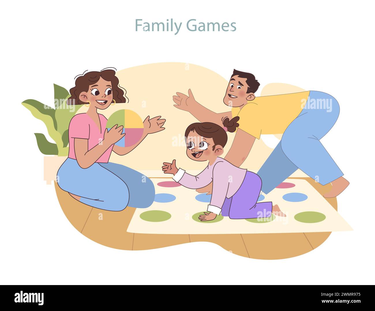Spielset für die ganze Familie. Eine fröhliche Darstellung von Eltern und Kindern, die ein Bodenspiel spielen und Liebe und Teamarbeit in einer heimeligen Atmosphäre fördern. Stock Vektor