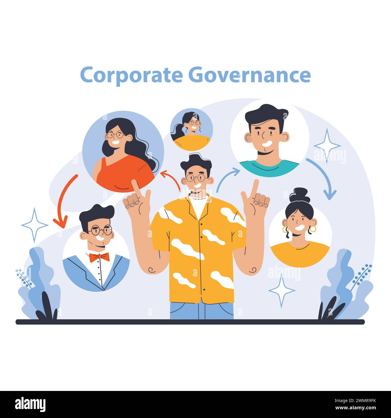 Strategie und Managementkonzept. Vielfältiges Team, das die Corporate Governance-Standards aufrechterhält. Förderung von Transparenz, Rechenschaftspflicht und Interessen der Interessenträger. Illustration des flachen Vektors. Stock Vektor