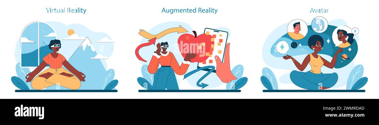 Virtuelles Tourismusset. Virtuelle Realität, erweiterte Erlebnisse mit Augmented Reality und personalisierte mit Avataren. Vektorabbildung. Stock Vektor