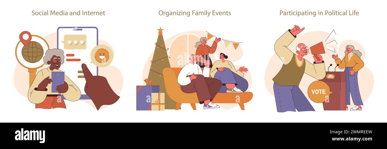 Aktivitätsgruppe der Abgänge. Ältesten, die sich in moderner Kommunikation, festlichen Versammlungen und Bürgerbeteiligung engagieren. Tägliches soziales, familiäres und politisches Engagement veranschaulicht. Stock Vektor