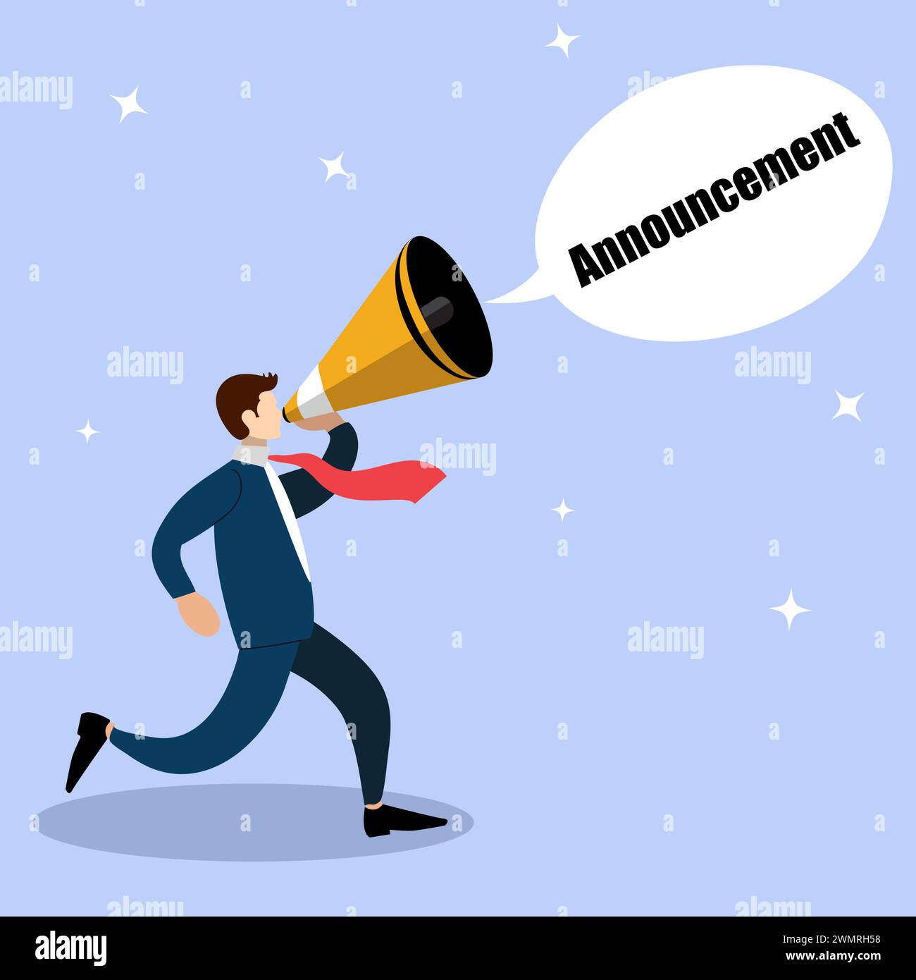 Charakter mit Bullhorn oder Megaphon mit einer Ankündigung, einem Unternehmensverkauf oder einem Einsatzkonzept, geschäftswichtiges Ankündigungskonzept Stock Vektor