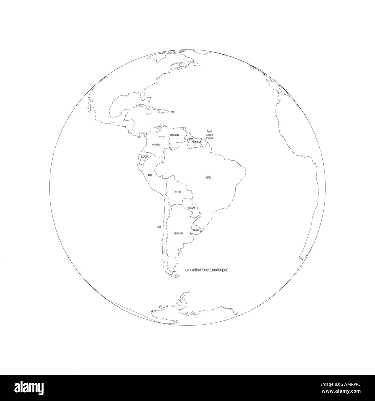 Politische Karte Südamerikas. Dünne schwarze Umrisskarte mit Ländernamen auf weißem Hintergrund. Ortographische Projektion. Vektorabbildung Stock Vektor