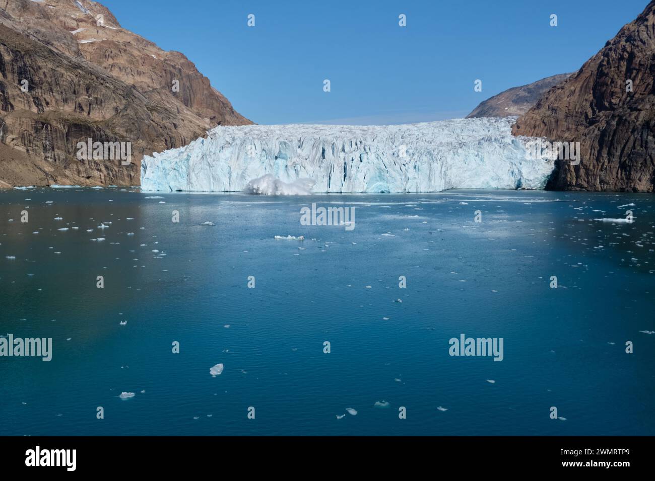 Der Kuannit-Gletscher kälbt in stille Gewässer eines Fjords vor Prins Christian Sund, Südgrönland Stockfoto