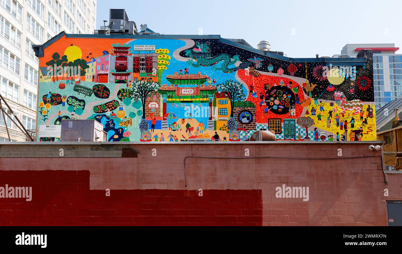 "Wir träumten so von einem Obstgarten", Philadelphia, 費城華埠. Ein Wandgemälde in Chinatown, das von Gemeinschaft und asiatischer amerikanischer Erfahrung spricht. Stockfoto