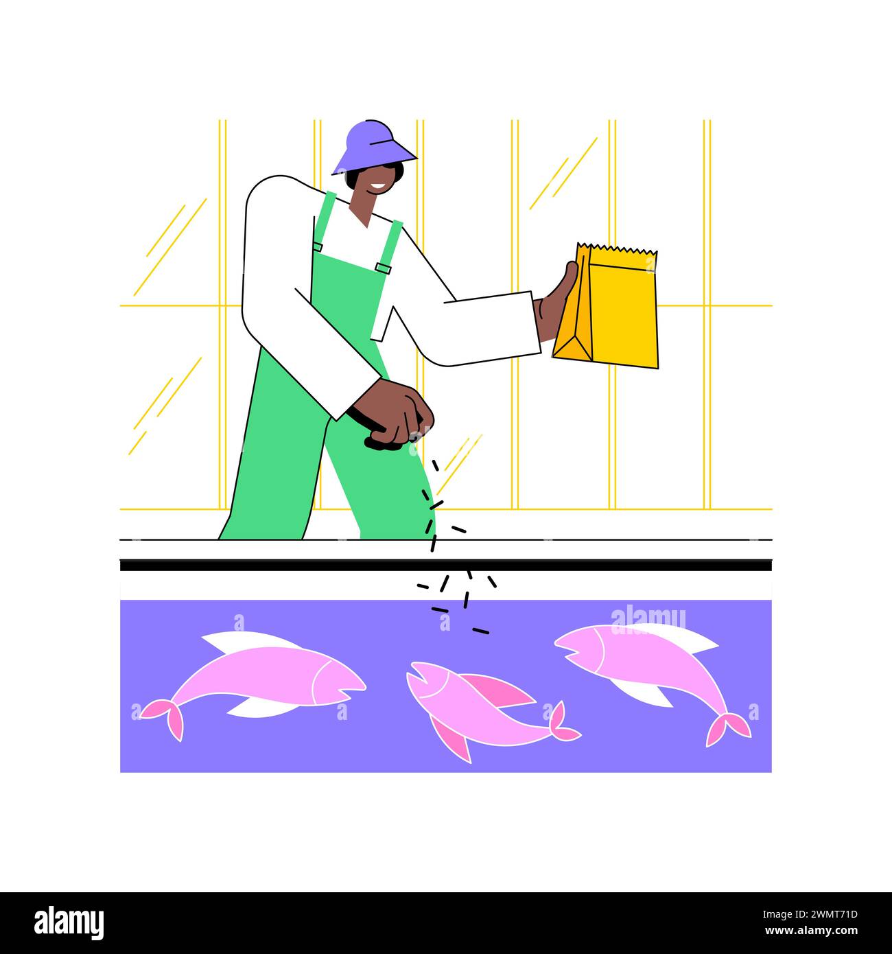 Fischzucht isolierte Cartoon-Vektor-Illustrationen. Landwirt wirft Lebensmittel in den Pool mit Fisch, Landwirtschaft Industrie, Landwirtschaft Arbeiter, Produktion Sektor, Tiere, die Vektor-Cartoon. Stock Vektor