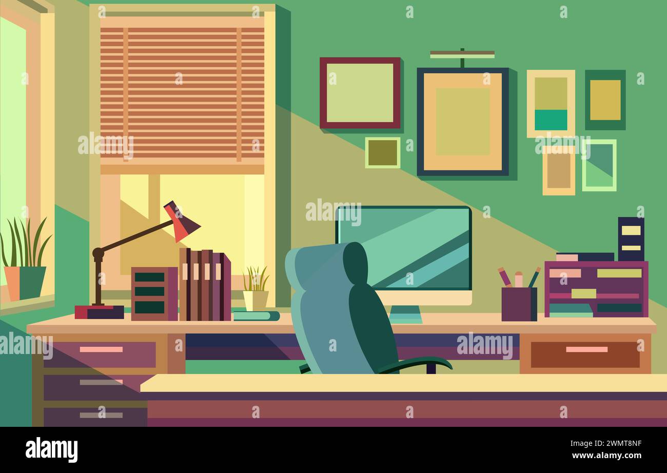 Flache Darstellung einer farbenfrohen Arbeitsplatzlandschaft mit Monitor und Büchern auf einem Schreibtisch Stock Vektor