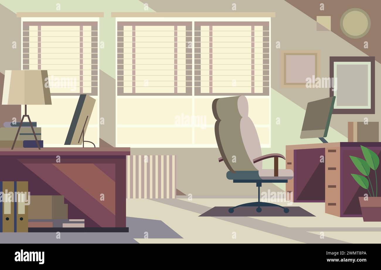 Flache Design-Illustration der Arbeitsplatzlandschaft im Büro mit modernen Möbeln Stock Vektor