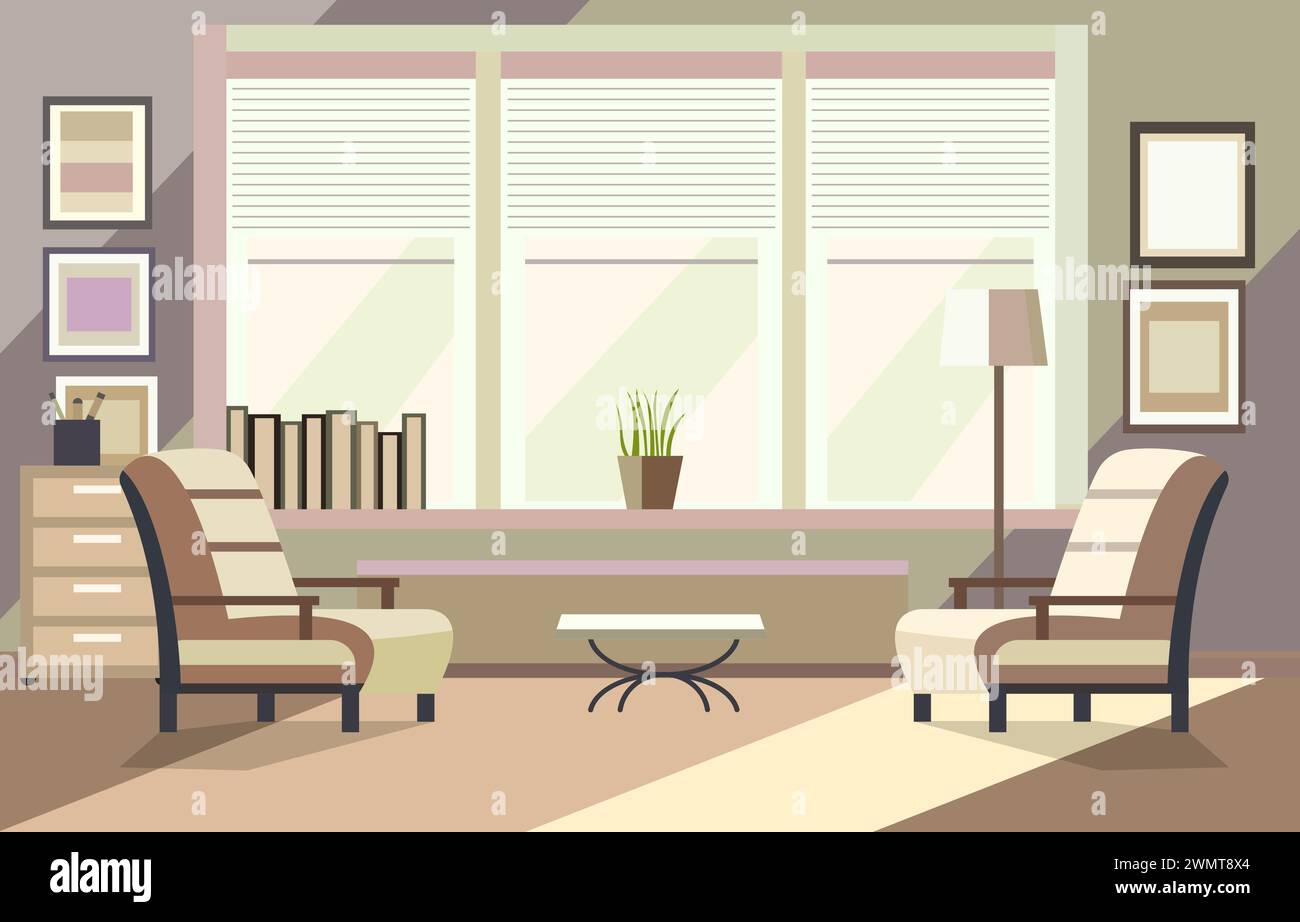Flache Design-Illustration von Stühlen im Arbeitsbereich mit großem Fenster und Bilddekoration an der Wand Stock Vektor