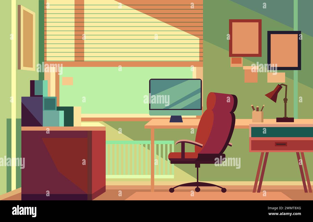 Flache Darstellung eines farbenfrohen Bürozimmers mit Monitor im Arbeitsbereich Stock Vektor