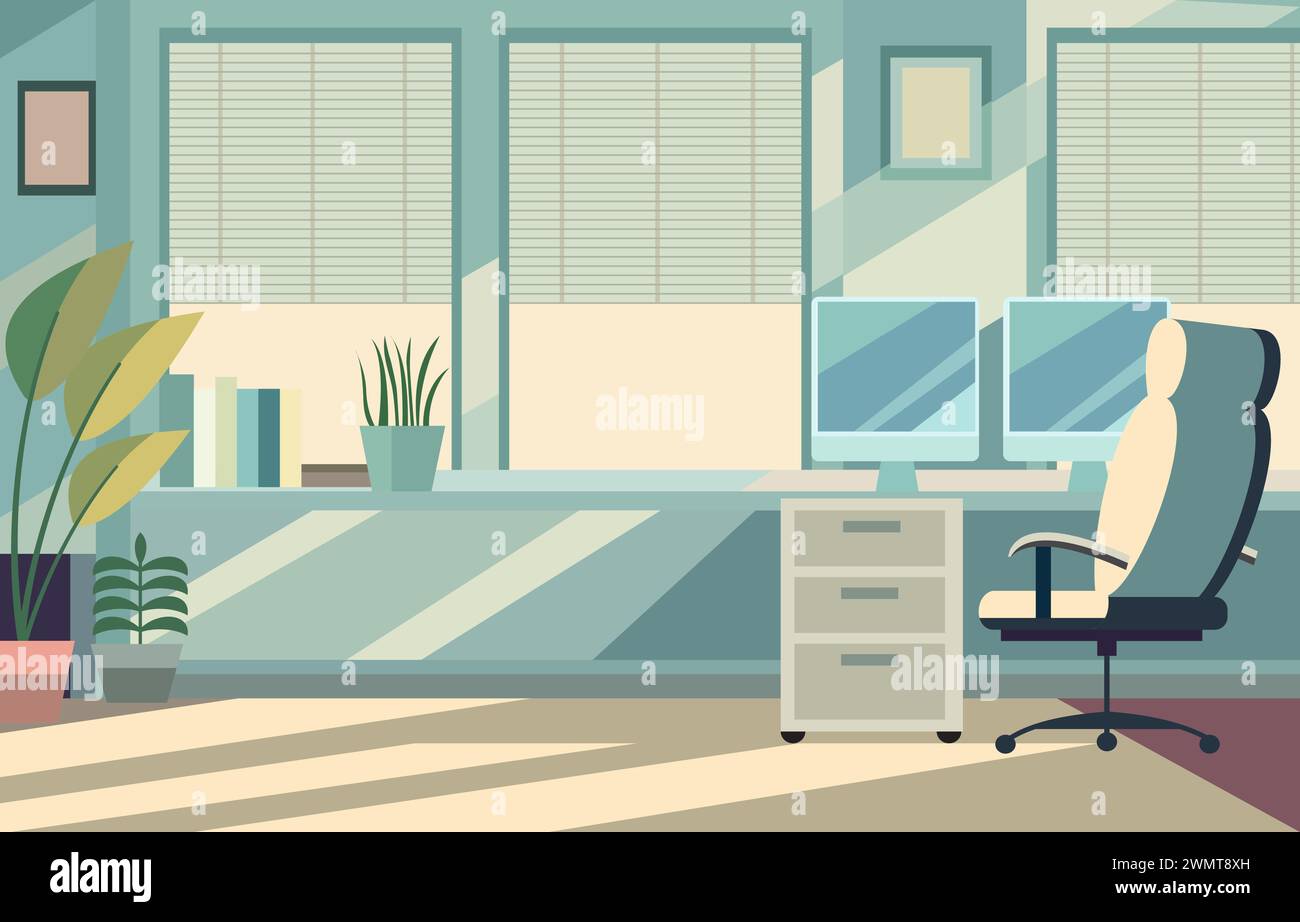 Flache Design-Illustration des Bürozimmers mit großem Fenster und modernen Möbeln Stock Vektor