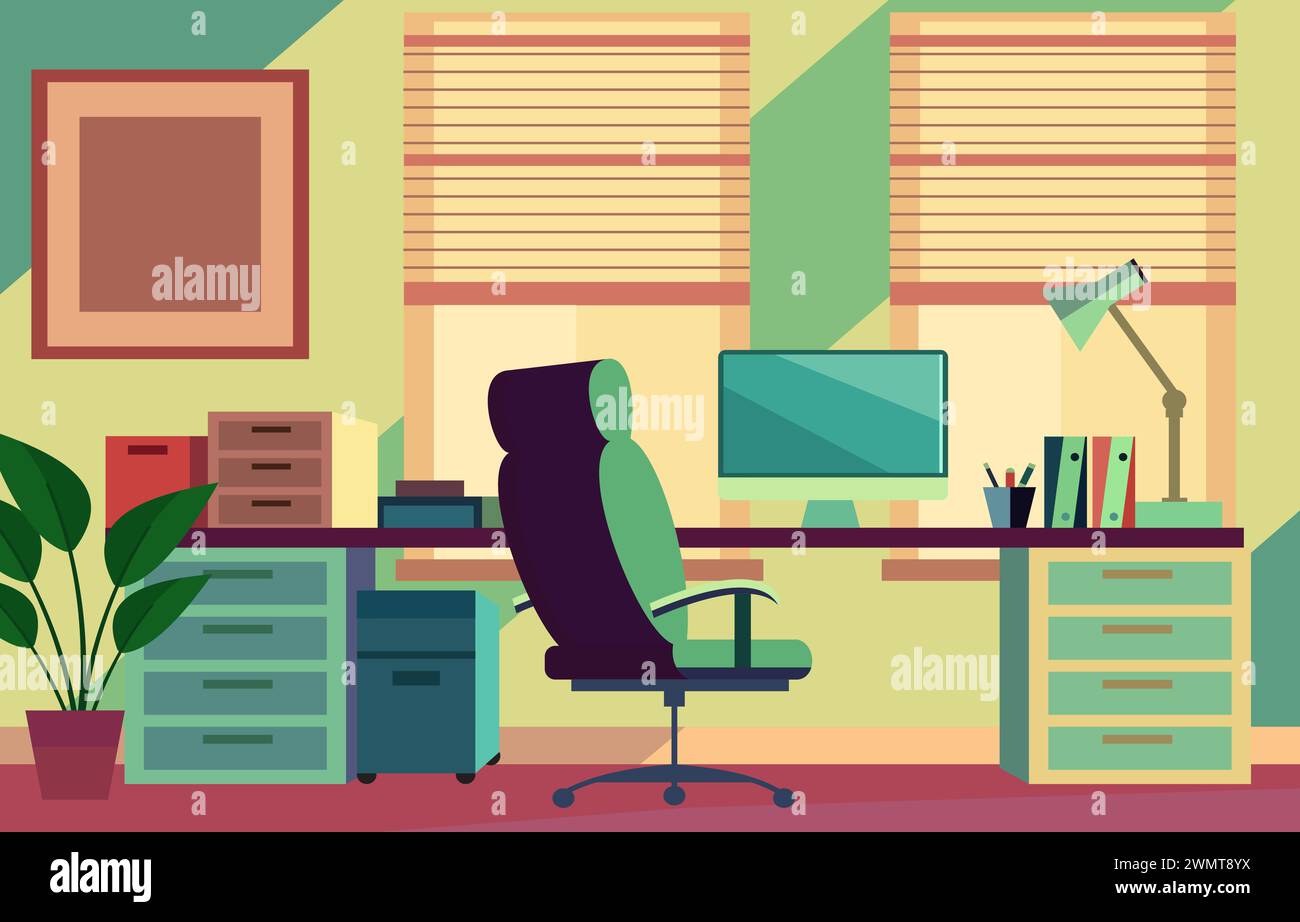 Flache Design-Illustration eines farbenfrohen Büroarbeitsbereichs mit modernem Innenstil Stock Vektor