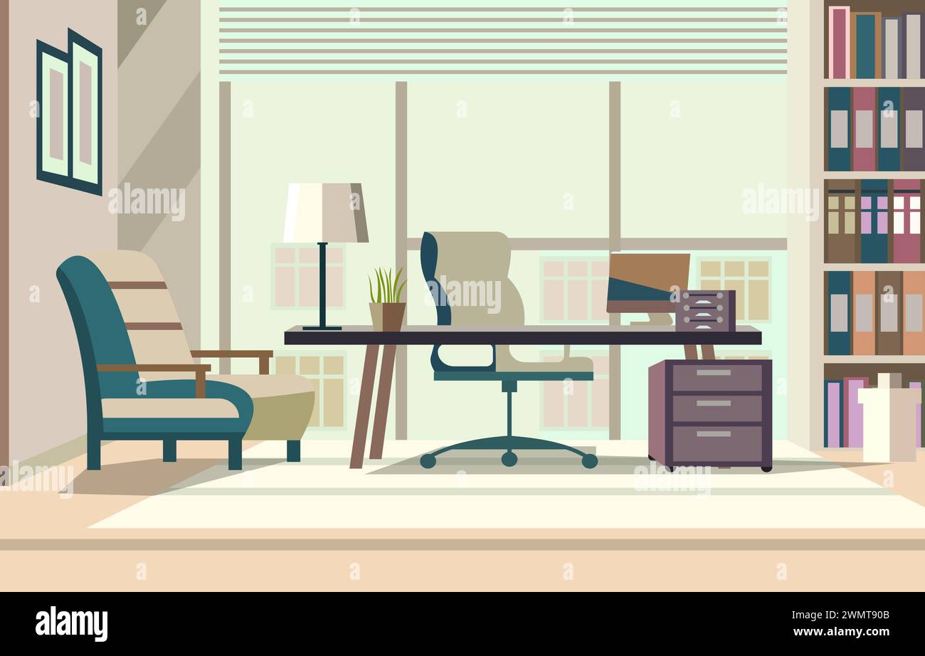 Flache Vektorgestaltung der Arbeitsplatzlandschaft im Büro mit modernen Möbeln Stock Vektor