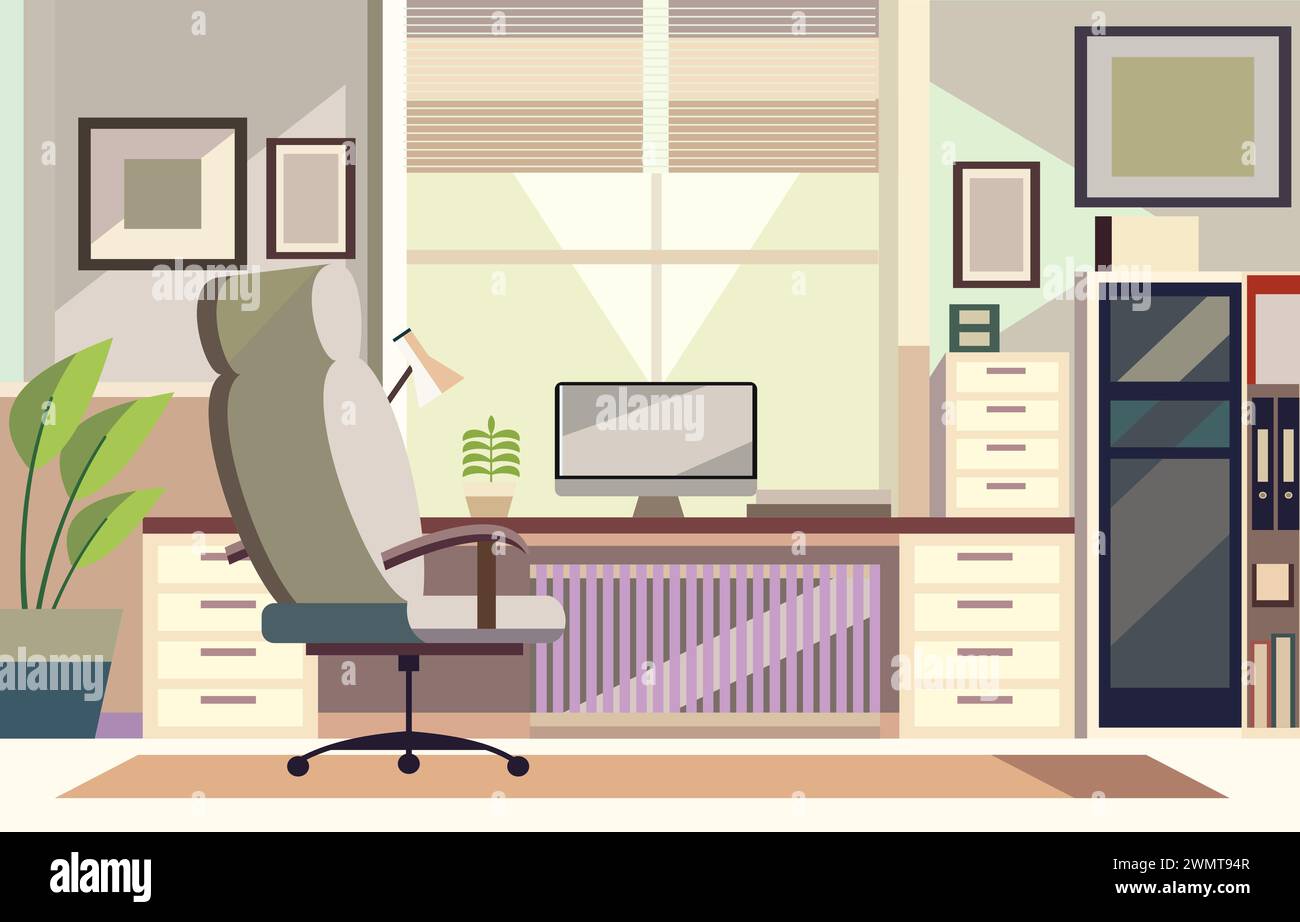 Flache Illustration eines modernen Bürozimmers mit Monitor und Schrank im Arbeitsbereich Stock Vektor