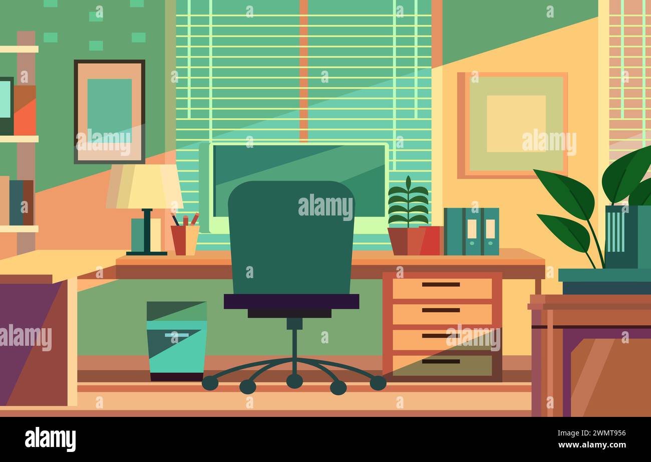 Flache Design-Illustration einer bunten Arbeitsplatzlandschaft mit Monitor und Schreibwaren auf einem Schreibtisch Stock Vektor