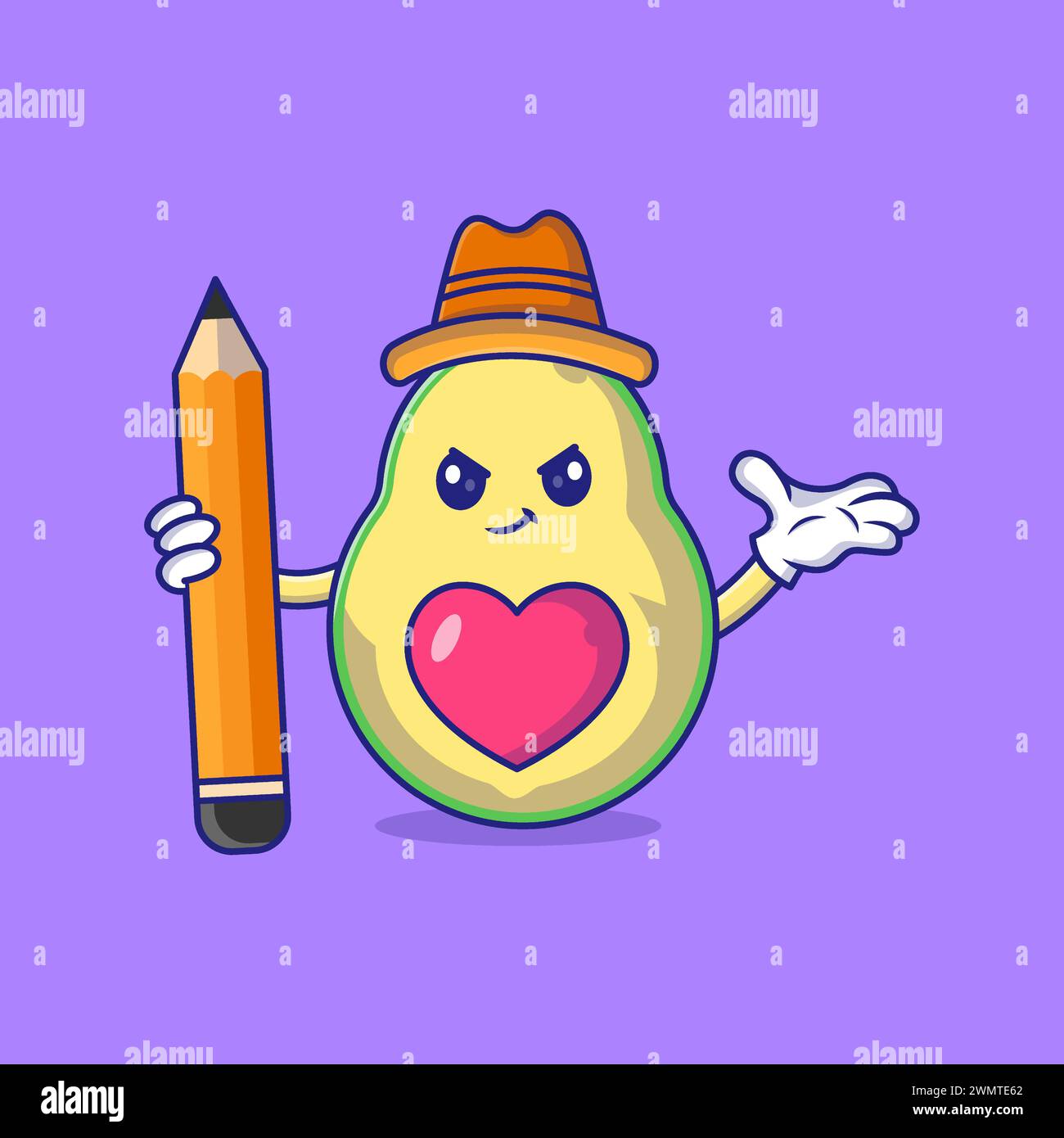 Niedliche Avocado hält einen Bleistift Maskottchen Charakter Vektor Icon Illustration Stock Vektor