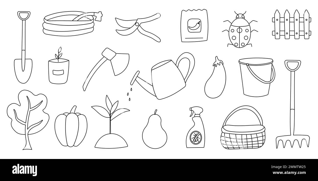 Gartenpflegeset. Handgezeichnete Vektor-Illustration, die eine Reihe von Werkzeugen zeigt Schaufel Pitchfork Rechen Schere, Axt. Selbst angebautes Gemüse und Obst, umweltfreundlich, Stock Vektor