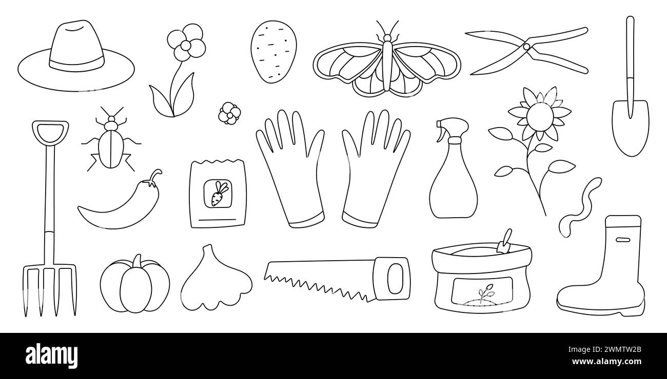 Gartenpflegeset. Handgezeichnete Vektor-Illustration, die eine Reihe von Werkzeugen zeigt Schaufel Pitchfork Rechen Schere, Säge. Linie, Kritzele, Färben von Öko-Kartoffeln p Stock Vektor