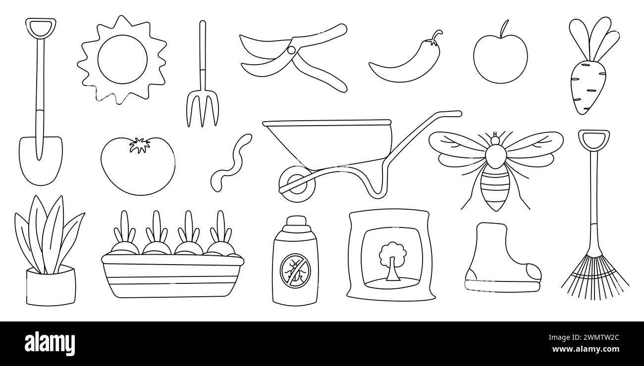 Gartenpflegeset. Handgezeichnete Vektor-Illustration, die eine Reihe von Werkzeugen zeigt Schaufelgabel Rake Schere. Gemüse und Obst werden unabhängig angebaut, ökologisch Stock Vektor