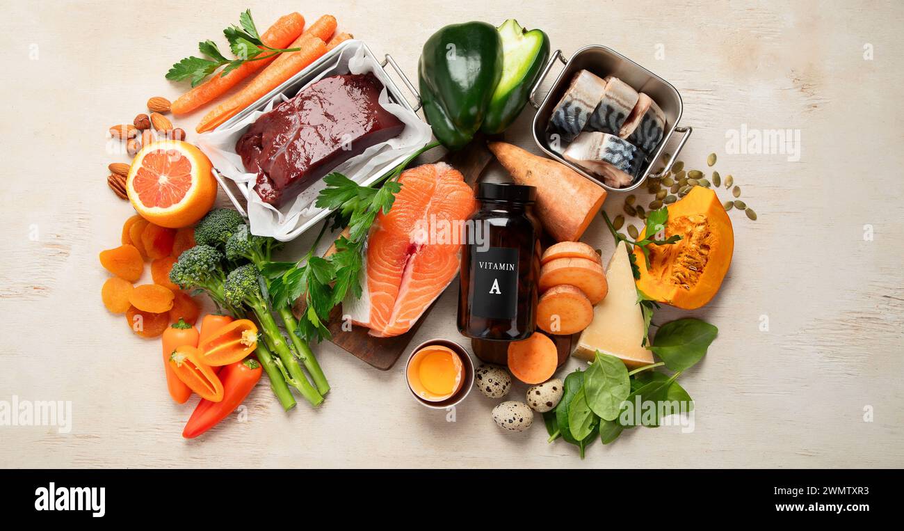 Set von High in Vitamin A. Konzept von gesund. Draufsicht, Banner Stockfoto