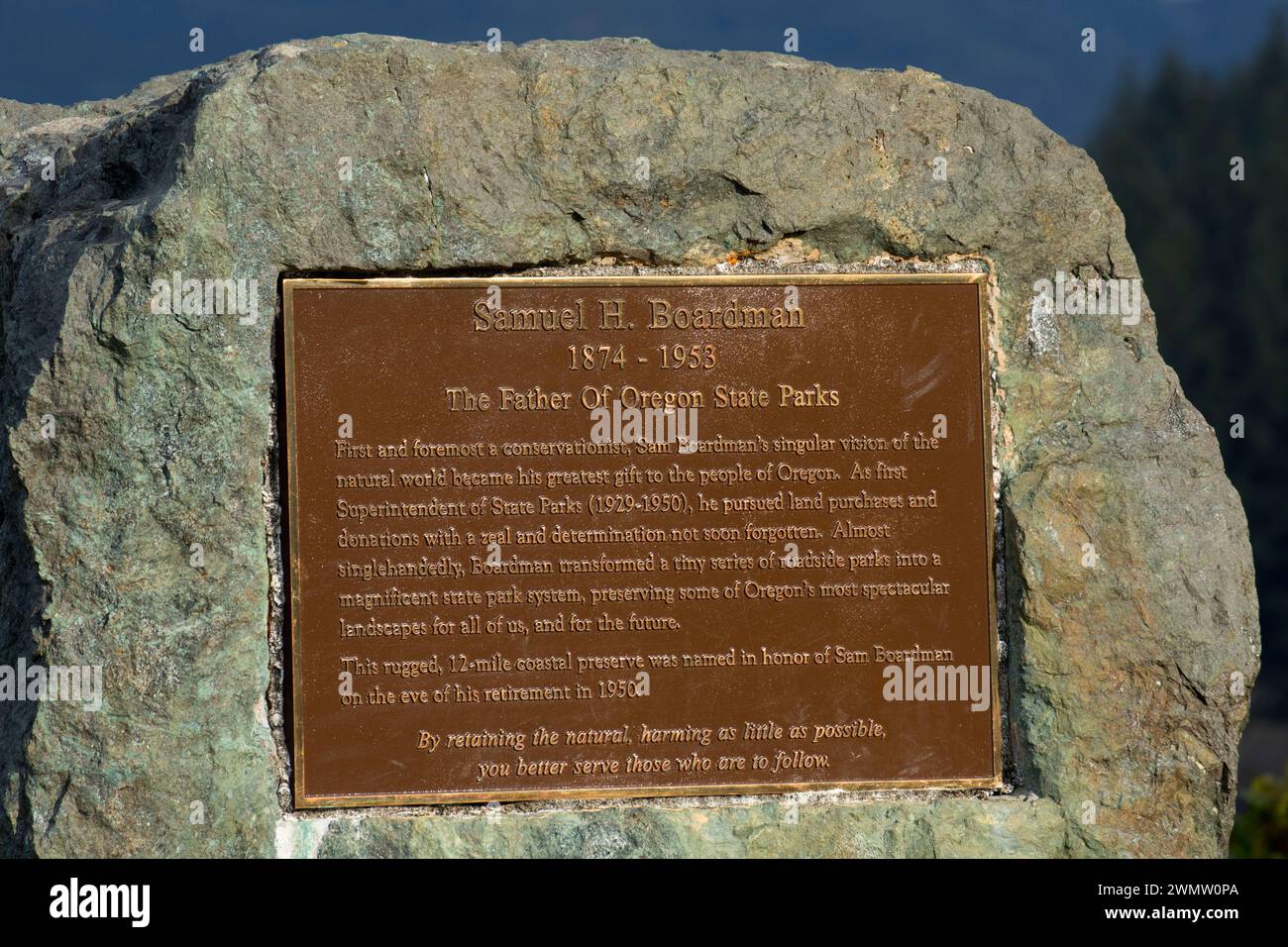 Gedenktafel am Aussichtspunkt House Rock, Samuel H Boardman State Park, Oregon Stockfoto