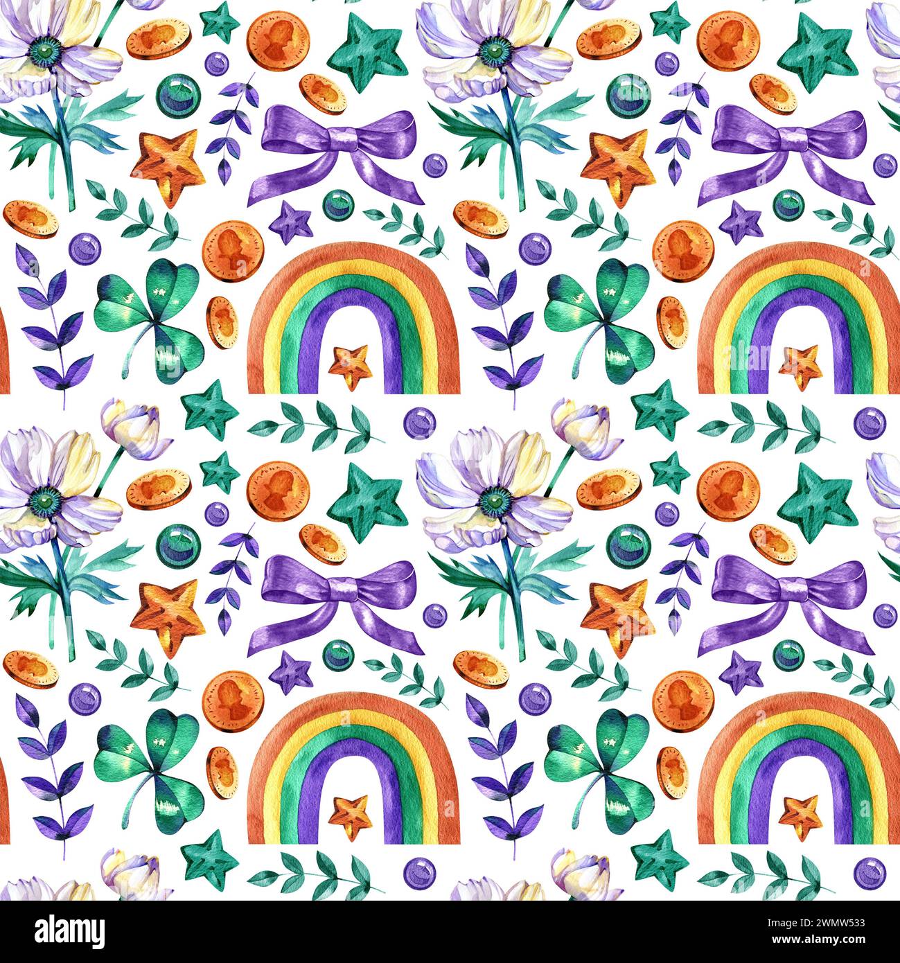 St. Patricks Day Seamless Pattern auf grünem Hintergrund: klee, Münzen, Regenbogen. Handgezeichnete Aquarellillustration. Für Papier, Textilien, Verpackungen Stockfoto