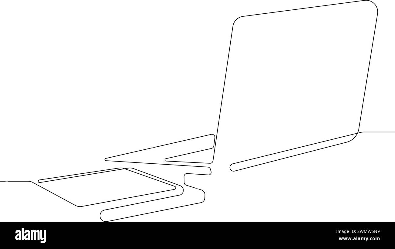 Arbeitsbereich. Kontinuierliche Linienzeichnung eines Desktops mit modernen Geräten und Büromaterial. Heim-Arbeitsplatz. Telefon und Laptop auf dem Tisch, dekoriert mit RO Stock Vektor