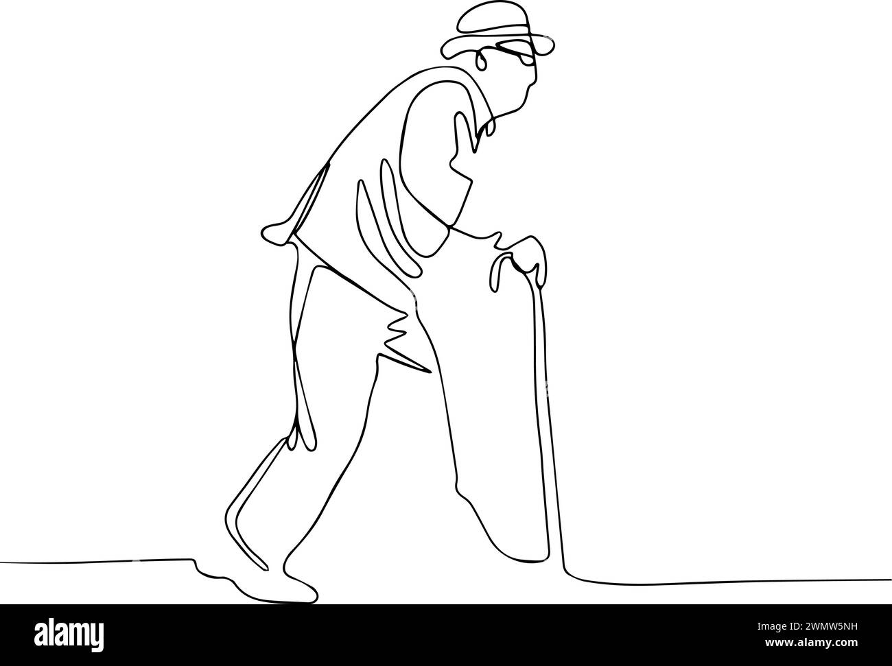 Durchgehende einzeilige Zeichnung des Profils eines älteren Mannes, der mit einem Stock geht. Vektorabbildung Stock Vektor