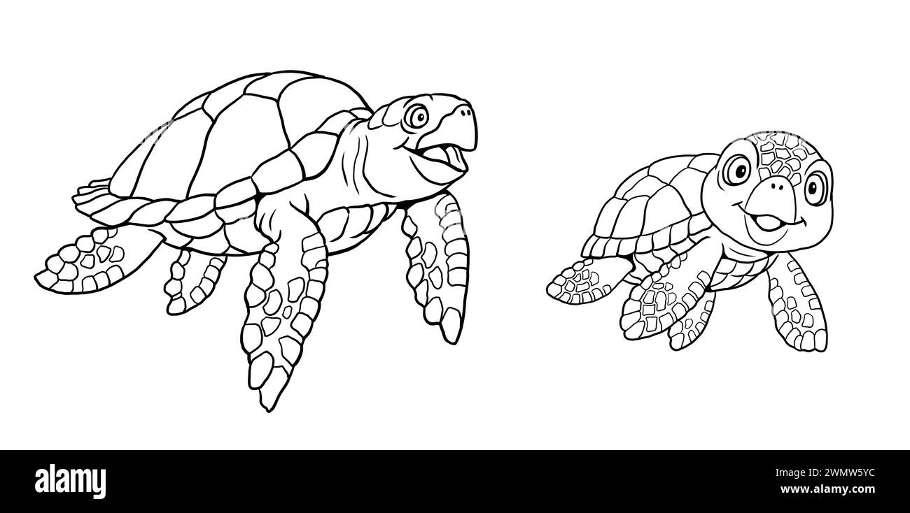 Zwei lustige Meeresschildkröten zum Ausmalen. Vorlage für ein Malbuch mit lustigen Tieren. Malvorlage für Kinder. Stockfoto