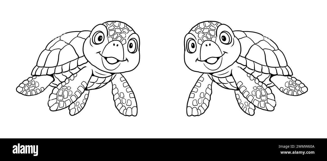 Lustige Meeresschildkröte zum Ausmalen. Vorlage für ein Malbuch mit lustigen Tieren. Malvorlage für Kinder. Stockfoto