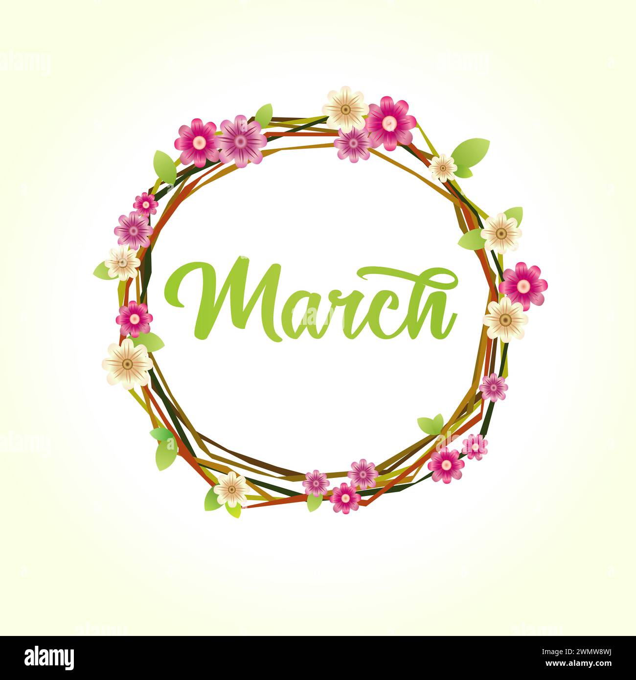 Kreative Märzgrüße mit digitalem Bild der Kirschblüte. Frühlingskranz. Vektorabbildung. Rundzweig Sakura. Dekorationskreis mit Blumen Stock Vektor