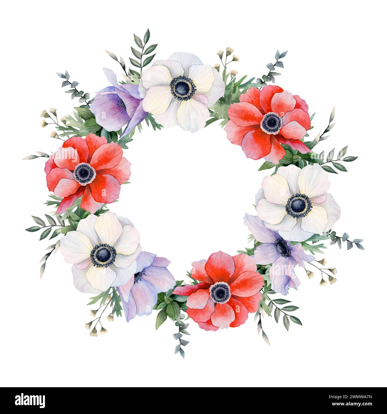 Rote, weiße und lila Feldblumen und Kräuter runden Kranz Rahmen Aquarellillustration. Anemonen Mohnblumen Stockfoto