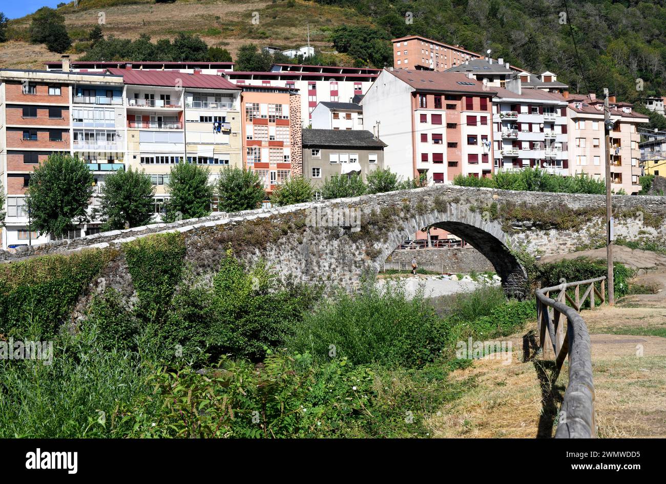 Cangas del Narcea, Fluss, mittelalterliche Brücke und Häuser. Asturien, Spanien. Stockfoto