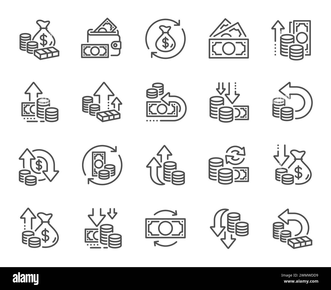 Geldlinien-Symbole. Finanzierung, Umsatzreduzierung und finanzieller Nutzen. Vektor Stock Vektor
