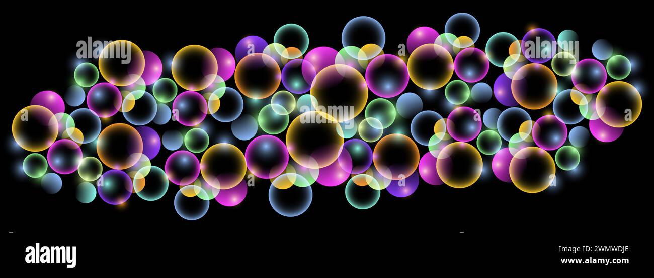 Abstrakter dynamischer Hintergrund mit farbenfrohen 3D-Kreisen. Schwarzes, breites Banner mit flüssigkeitsfarbigen Luftpolsterformen. Vektorabbildung Stock Vektor