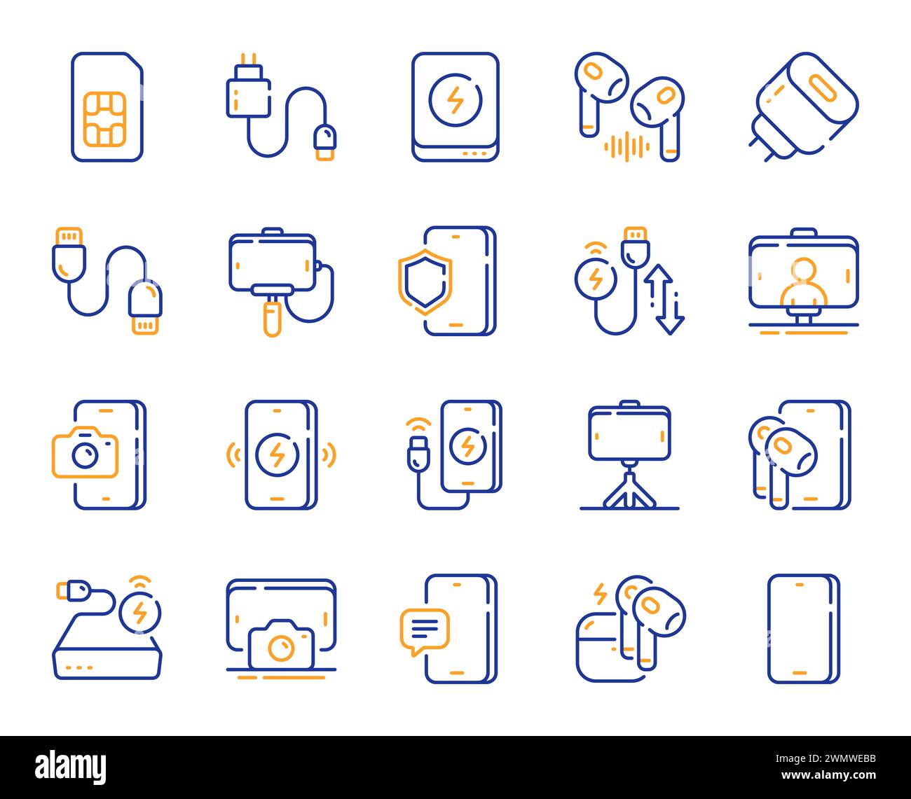 Leitungsymbole für mobiles Zubehör. SIM-Karte, Selfie-Stick und kabelloses Ladegerät. Vektor Stock Vektor