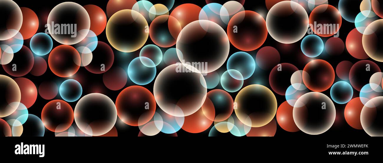 Vektor 3D farbenfrohe Kreise abstrakter Hintergrund. Dunkles, breites Banner mit dynamischen flüssigkeitsfarbigen Luftpolsterformen. Vektorabbildung Stock Vektor
