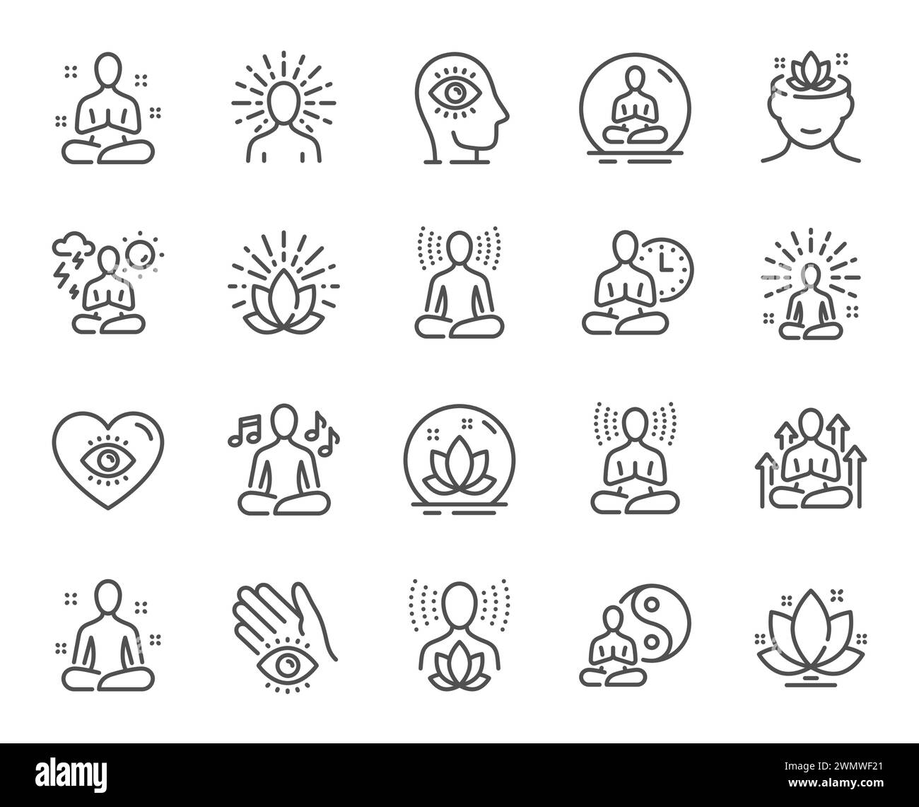 Yoga-Meditationslinien-Symbole. Körperausgleich, Entspannung und Energiemeditation. Vektor Stock Vektor