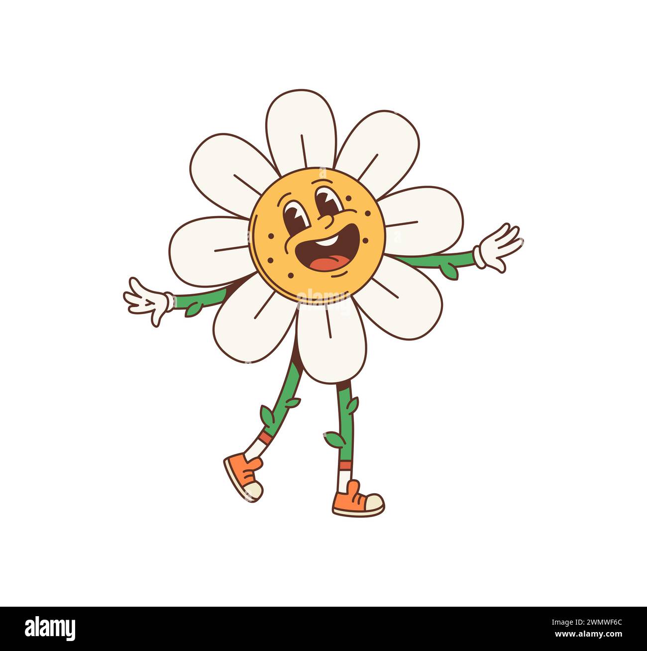 Cartoon Gänseblümchen, grooviger Charakter. Isolierte Vektor psychedelische Kamillenblütenfigur mit weißen Blüten, Stängelbeinen, großen, leckeren Augen, breitem, charmantem Lächeln, und eine entspannte, grossartige Sommerstimmung Stock Vektor