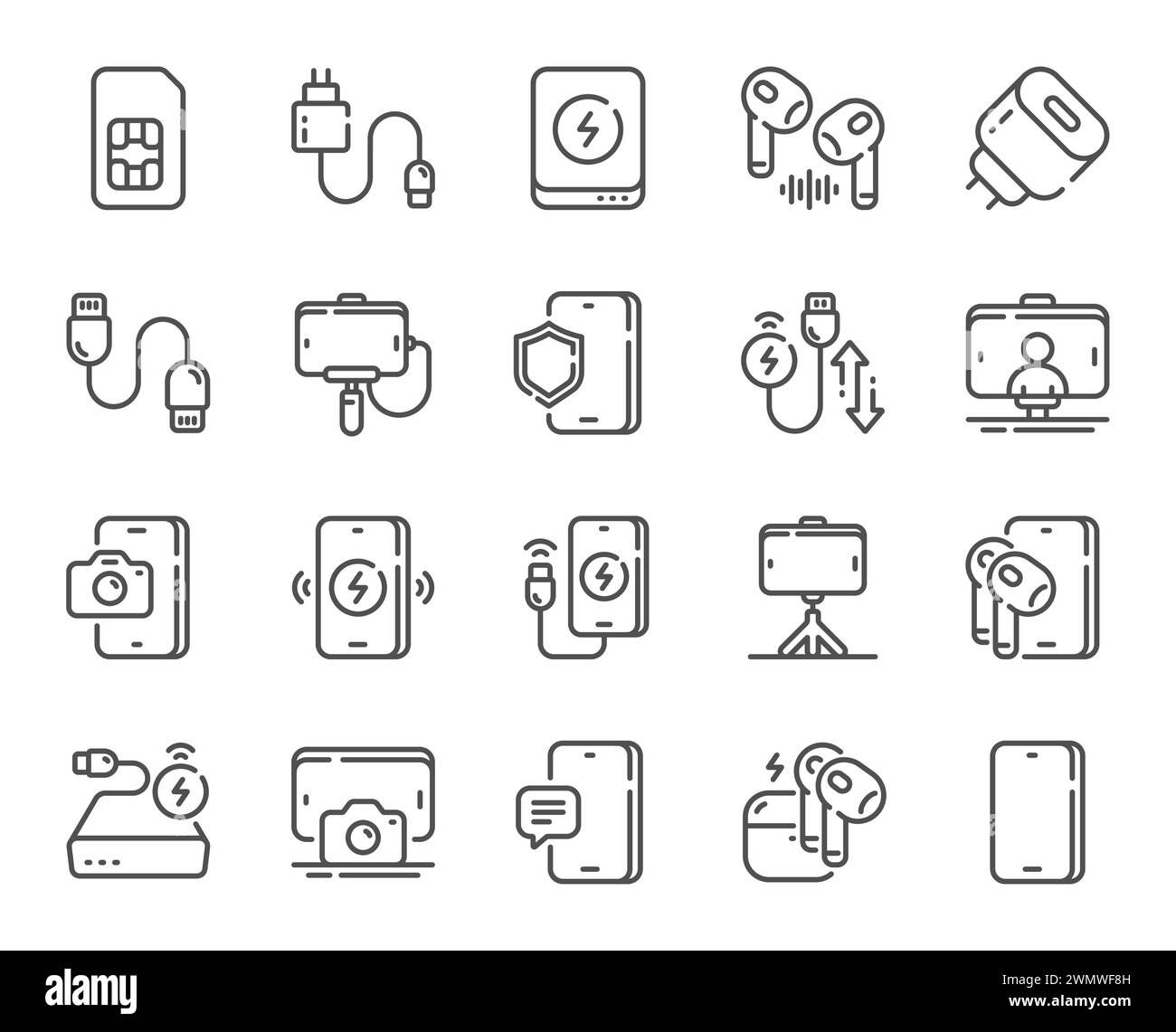 Leitungsymbole für mobiles Zubehör. SIM-Karte, Selfie-Stick und kabelloses Ladegerät. Vektor Stock Vektor