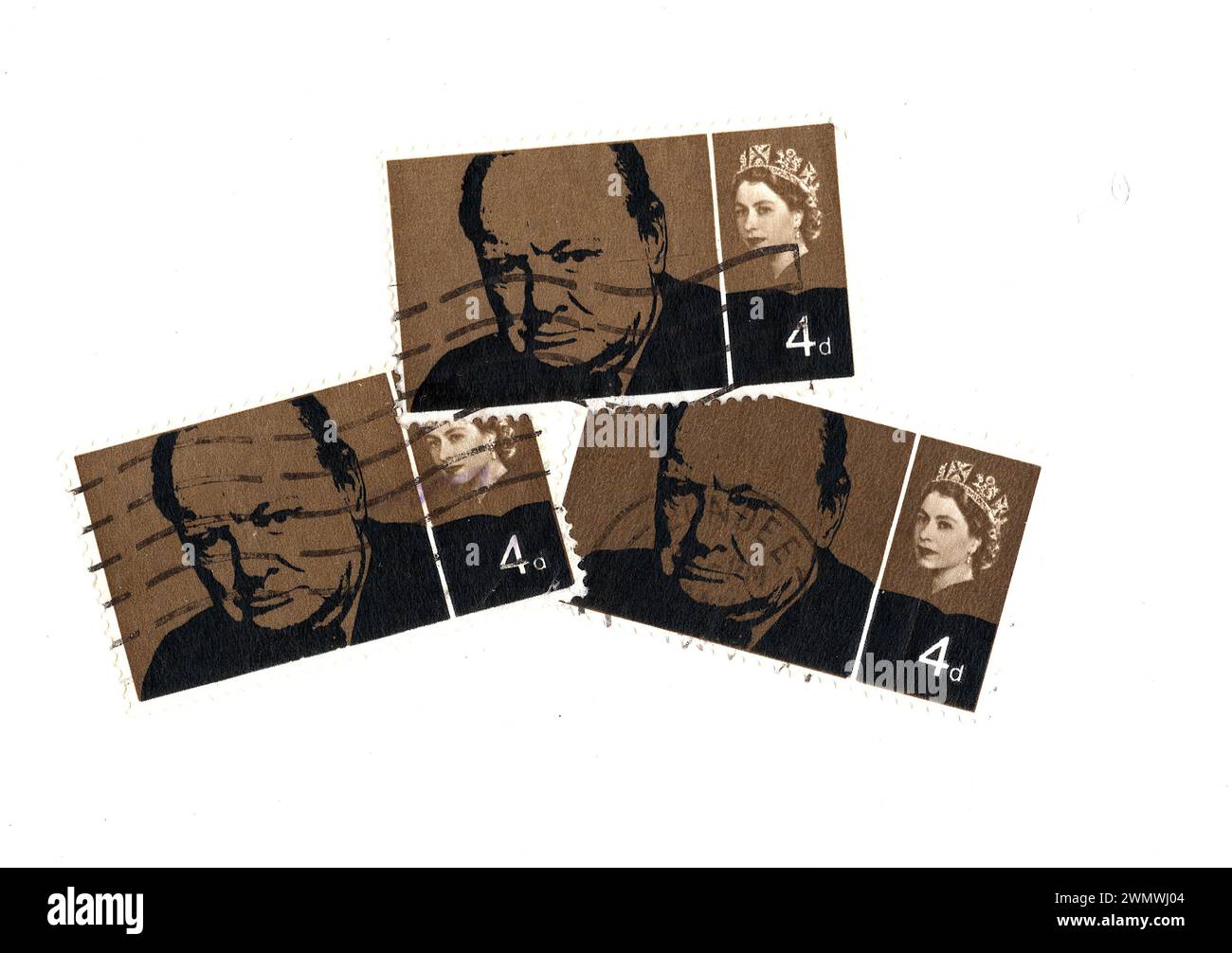 Vintage Sir Winston Churchill Briefmarken aus Großbritannien isoliert auf weißem Hintergrund. Stockfoto