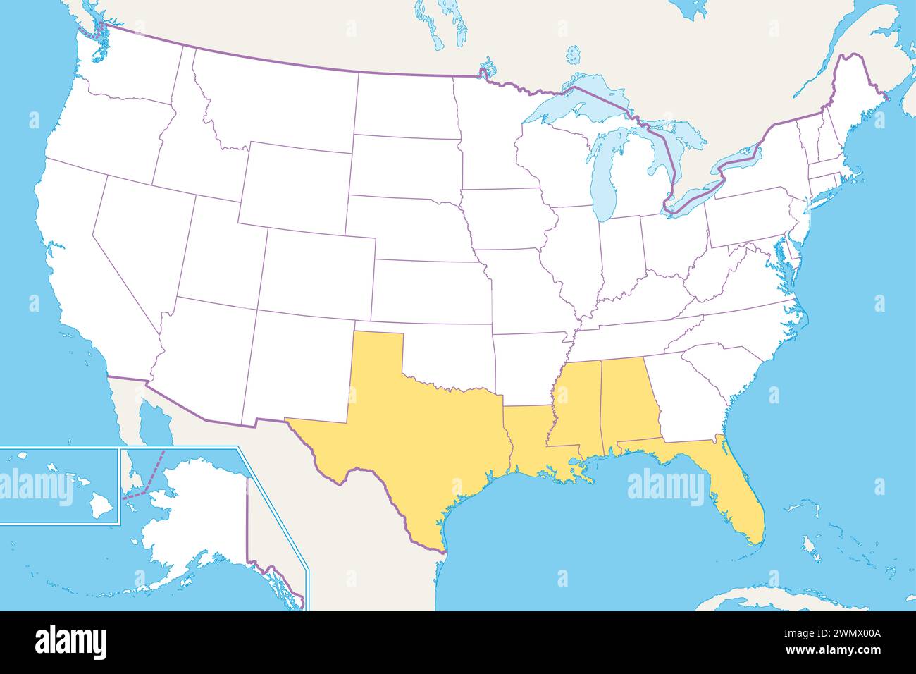 Golfstaaten der Vereinigten Staaten, Golf Süd- oder Südküste, politische Karte. Küste entlang des Südens der Vereinigten Staaten am Golf von Mexiko. Stockfoto
