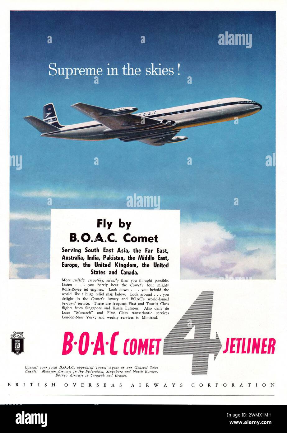 British Overseas Airways Corporation B.O.A.C. wurde 1960 in der Straits Times Annual für den Comet Jetliner veröffentlicht. Stockfoto