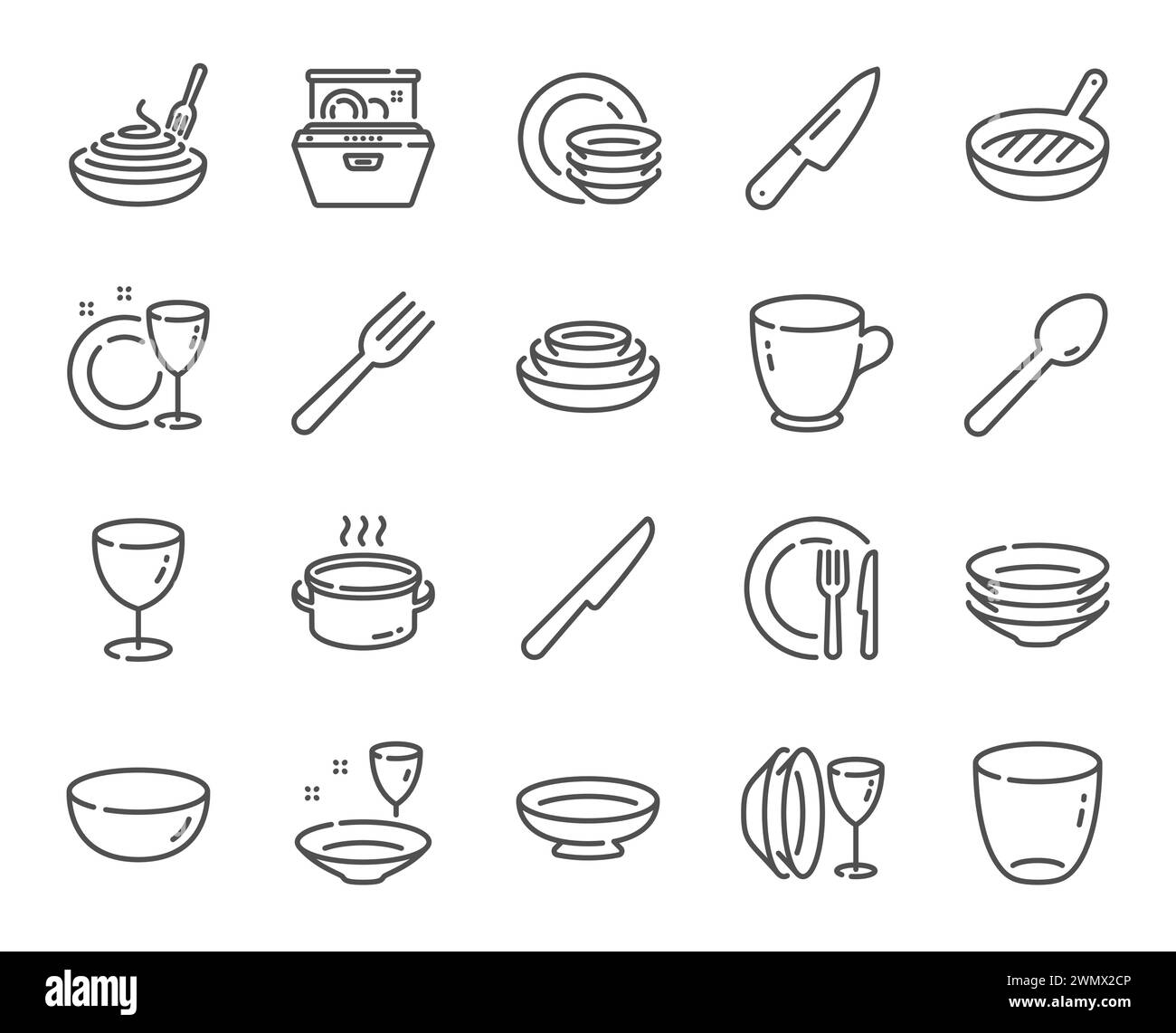 Tischgeschirr-Zeilensymbole. Geschirrteller, Schüssel und Kochutensilien. Vektor Stock Vektor