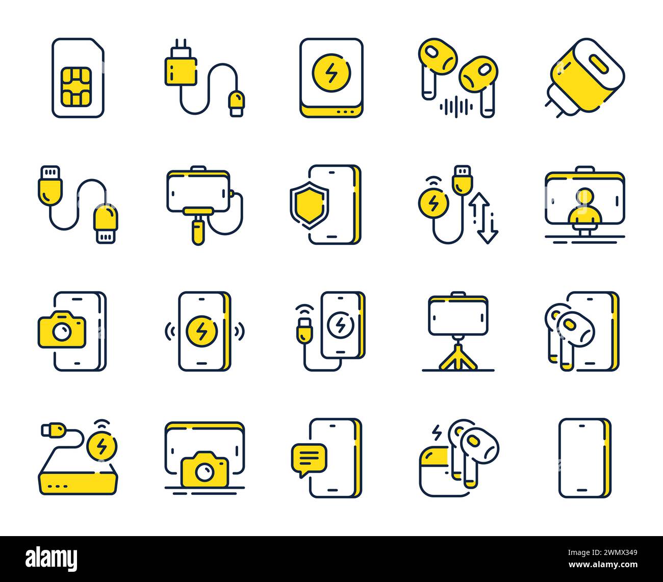 Leitungsymbole für mobiles Zubehör. SIM-Karte, Selfie-Stick und kabelloses Ladegerät. Vektor Stock Vektor