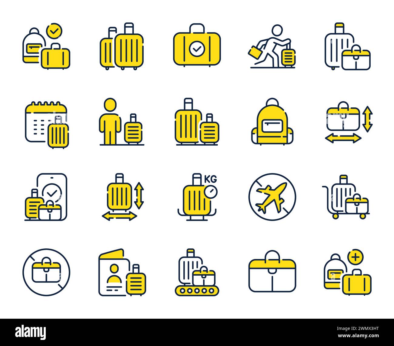 Symbole für die Gepäcklinie. Größe der Reisetasche, Gewicht und Rucksackset prüfen. Vektor Stock Vektor