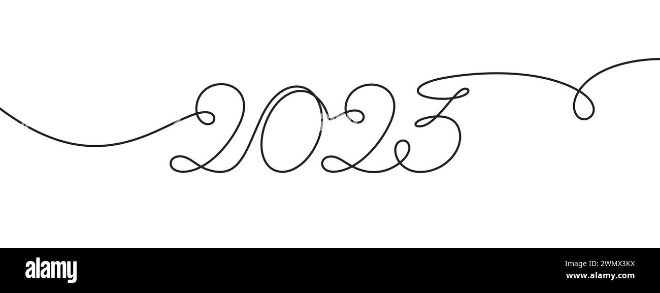 Einfache durchgehende Linienskizze für das neue Jahr 2023. Handzeichnung Nummer 2023. Gekrümmte Kontur. Vektorabbildung Stock Vektor